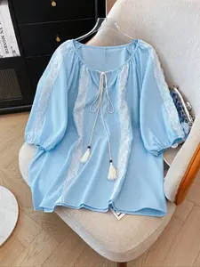Plus Size Women's Casual Boho Breathable Lace Patchwork Shirt, Stylish Loose-Fitting Blouse for Everyday Wear, Comfortable, Lightweight, and Trendy Fashion Top, Womenswear Clothes