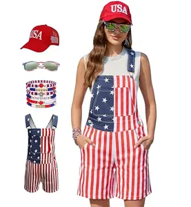 Yuanbang American Flag Overalls Women,USA Hat,Patriotic Sunglasses,Independence Day Bracelets,4 Pcs 4th of July Outfits