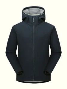 Men's Casual Fitted Hooded Softshell Long Sleeve Jacket, Comfortable Windproof Wear-Resistant Warm Zipper Coat, Ideal for Fall Winter Outdoor Activities, Casual Outerwear, Fabric