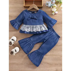 2Pcs Kids Autumn Outfits, Lace Splicing Long Sleeves T-Shirt + Solid Color Bell-Bottom Pants for Little Girls, 1-5 Years