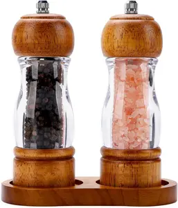 2 Pcs Vintage Wooden Pepper Mill Grinder Set with Base - 6.3 inches Acrylic Salt & Pepper Shakers with Adjustable Coarseness, Refillable Manual Ceramic Core Grinder for Kitchen, Home, Gift