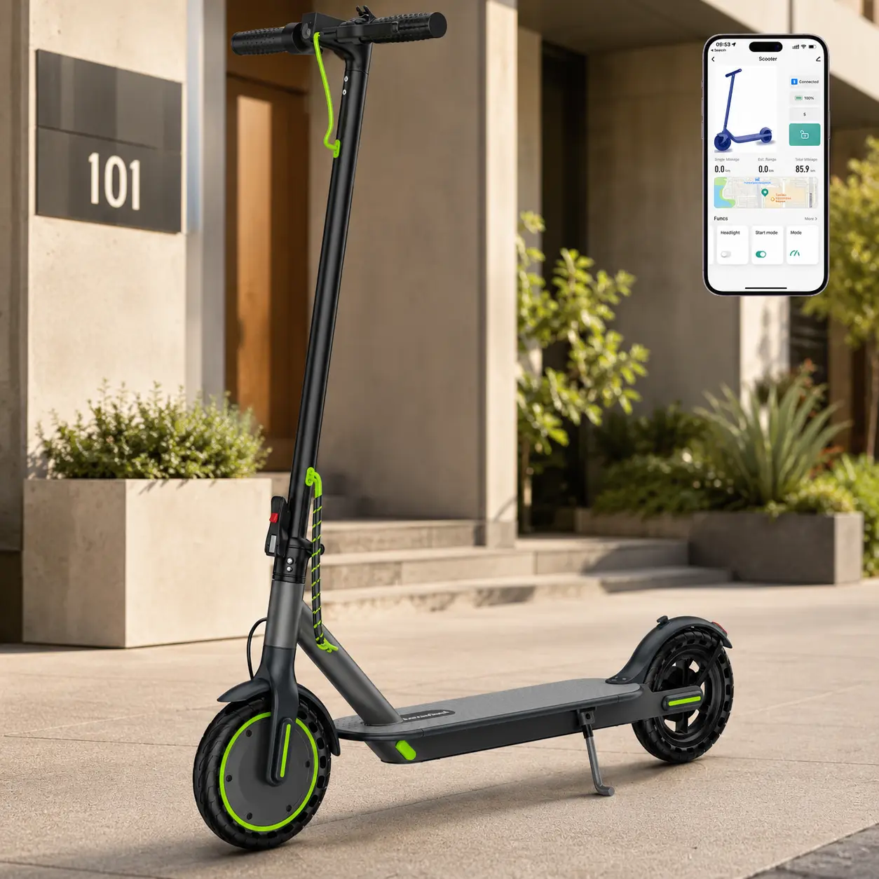 Aovowheel Y08 Unisex Modern Multifunctional Smart Electric Commuting Scooter - 350W, 19MPH, Foldable, 23Mile Range, Dual Braking, APP Enabled, 8.5" Solid Tire, Cruise Control, Anti-Theft & Smart Management