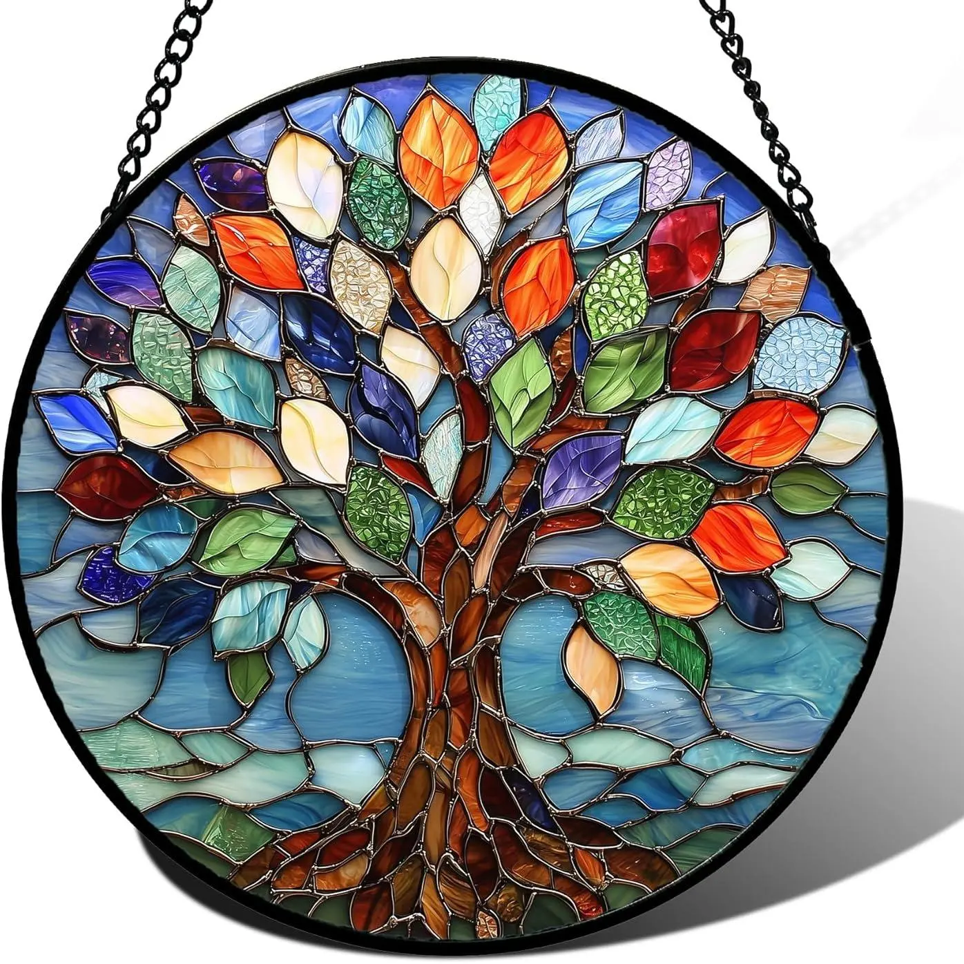 1pc Stained Glass Tree of Life Sun Catcher Window Hanging - Colorful Blue Glass Panel Light Decoration, 3.5in/6.3in/7.8in Hangable Ornaments, Metal Christmas Gift for Women (Wife, Mom) Home Decor Supplies, Father's Day, Window Decor