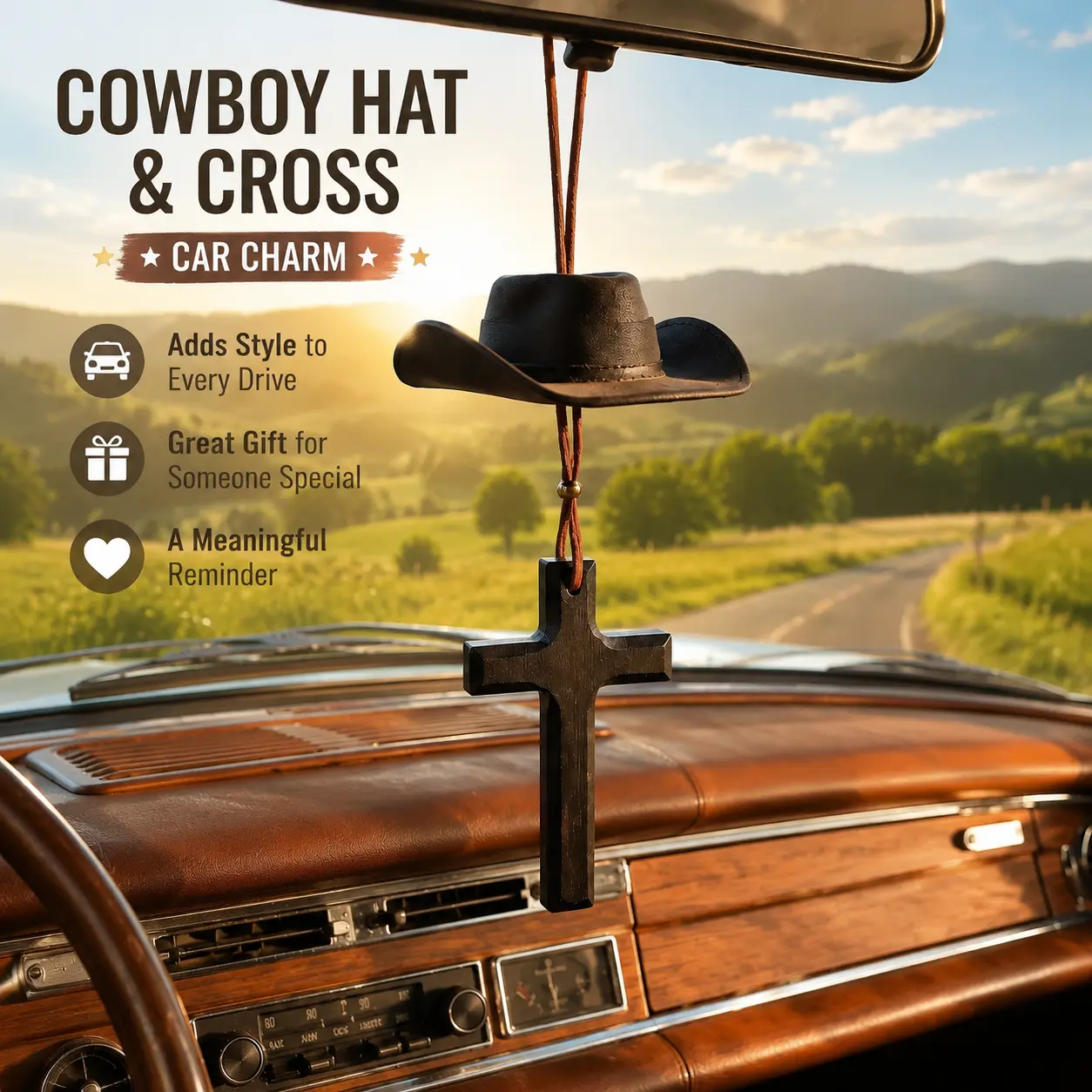 Western Cowboy Hat Wood Cross Car Hanging Ornament, Rustic Wooden Rearview Mirror Pendant, Vintage Western Style Auto Interior Decor, Meaningful Gift for Truck SUV Car Lovers