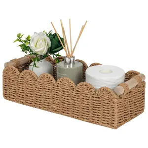 Paper Rope Fan Edge Toilet Paper Storage Basket, Small Living Room Bedroom Decorative Basket, Bathroom Shelf, Coffee Table, Rack, with 2 Wooden Handles