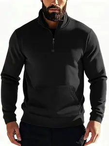 Men's Half-Zip Stand Collar Sweatshirt, Casual Loose Zipper, Autumn Winter Casual Commuter Top, Kangaroo Pocket Design, Comfortable Skin-Friendly Fabric