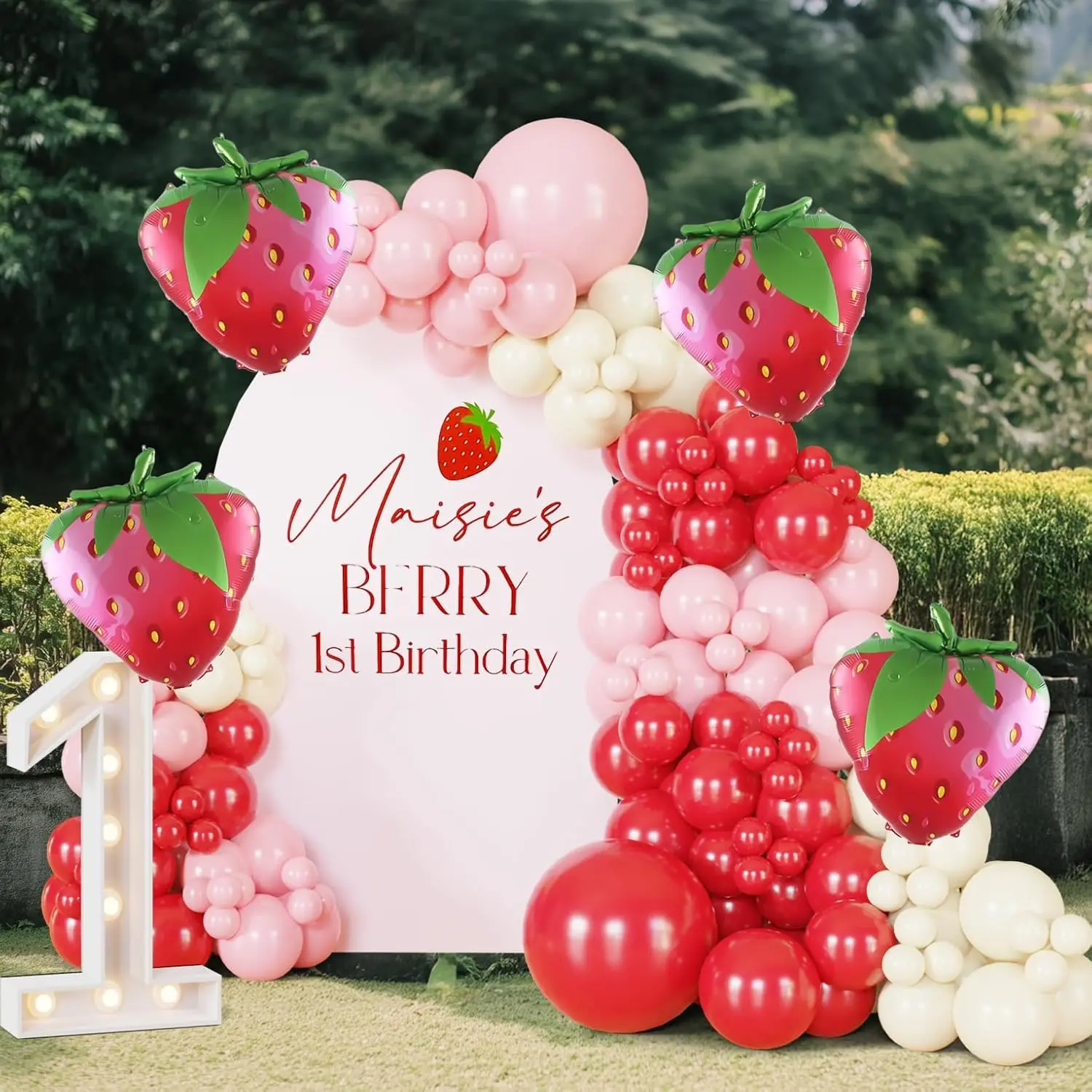 135-Piece Strawberry Balloon Arch Kit Red, Pink & Ivory for First Birthday & Baby Shower