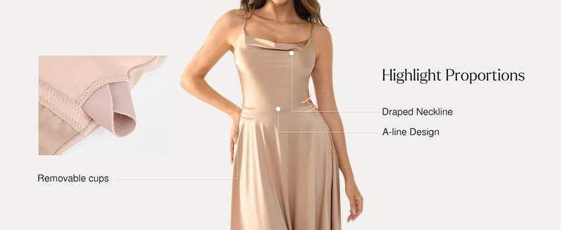 Popilush Satin Cowl Neck Spaghetti Strap Midi Swing Dress - Casual Breathable Elastic Fabric for Everyday Womenswear Feminine Adjustable Mesh