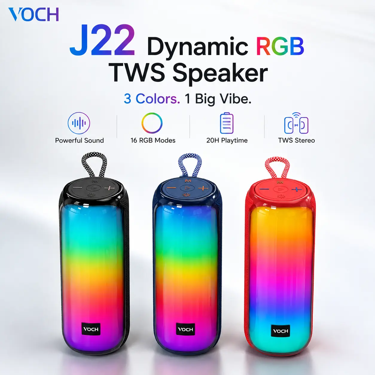 【Live】TWS Portable Bluetooth Speaker with TWS Stereo Pairing, Dynamic RGB Lights, HD Bass, 20H Playtime, 4000mAh Rechargeable Battery, Wireless Speaker with TF Card/USB/AUX/FM for Outdoor Party, Camping, Beach and Home, VOCH J22