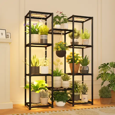 Bamworld Adjustable Black Metal Decorative Indoor Plant Holder - 4-Layer Planter Rack with Plant Stack, Pot Display, Built-in Blue+Red Spectrum Lighting, Auto-Timer 3/6/12-Hour Settings for Living Room, Balcony