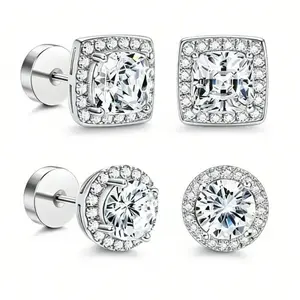 2026 New women's Luxury 4-Piece Halo Zircon Stud Earring Set — Available in Gold/Silver Two-Tone and Round/Square Styles; Hypoallergenic Material — A Gift for Her; Includes Ear Backs and an Exquisite Jewelry Box — The Perfect Gift for Her.