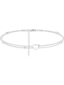 1 Pc 925 Sterling Silver Female Ankle Bracelet Heart-shaped Butterfly Beaded First Anklet Layered Slim Chain Adjustable Beach Foot Jewelry Summer Lovely Beach Gift for Her.