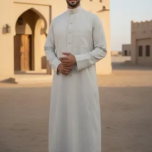 Men's Qatari Style Thobe - Traditional Ivory Long Sleeve Button-Up Robe for Men