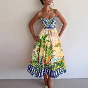 Tropical Parrot Palm Print Halter Dress Blue Yellow Geometric Top with Beach Scene Skirt Summer Clothing