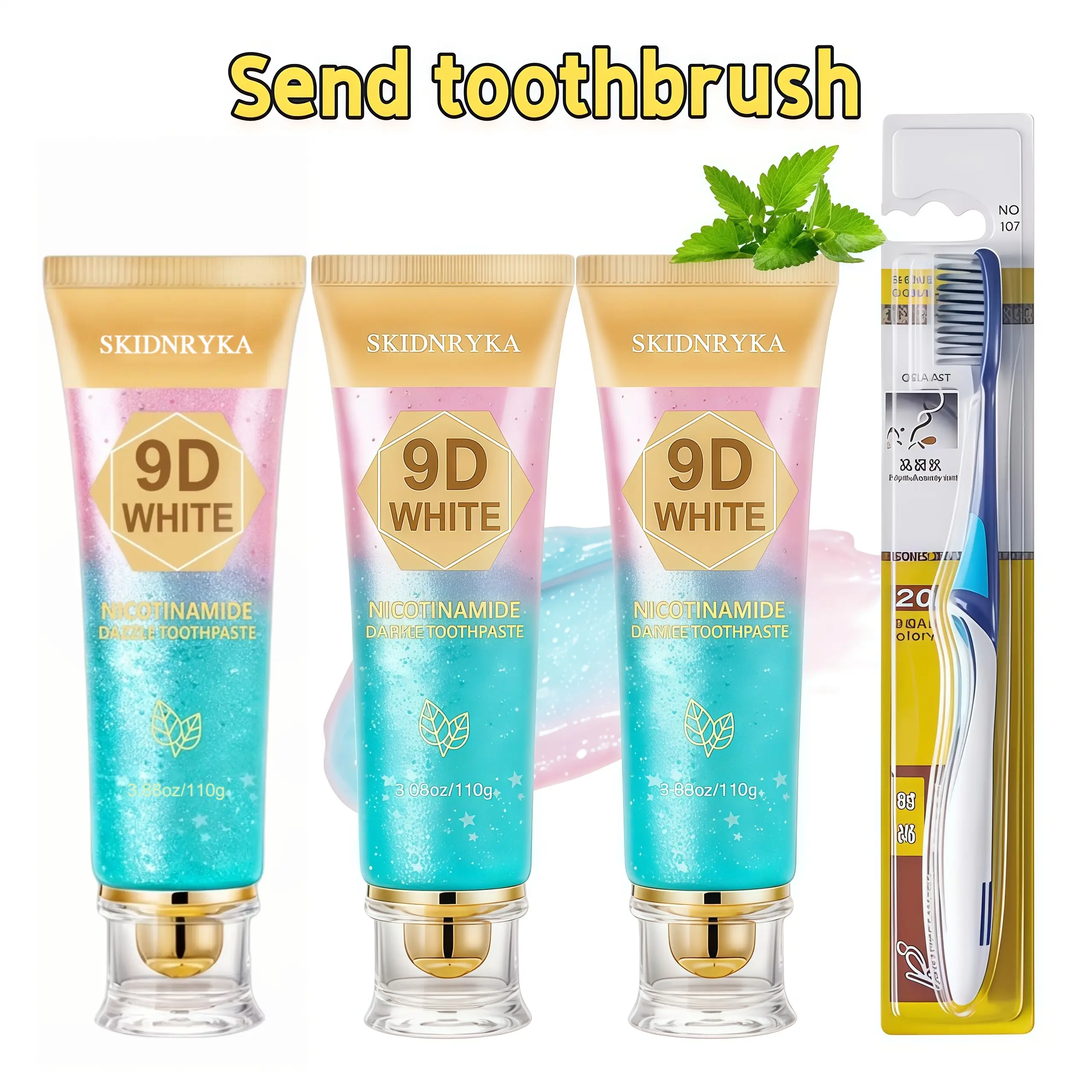 SKIDNRYKA blue-pink cleansing toothpaste, includes a toothbrush, contains niacinamide and 20% hydroxyapatite, gently cleanses the mouth, whitens teeth, suitable for home and travel oral care, unisex, promotes oral hygiene and health, long-lasting fresh br