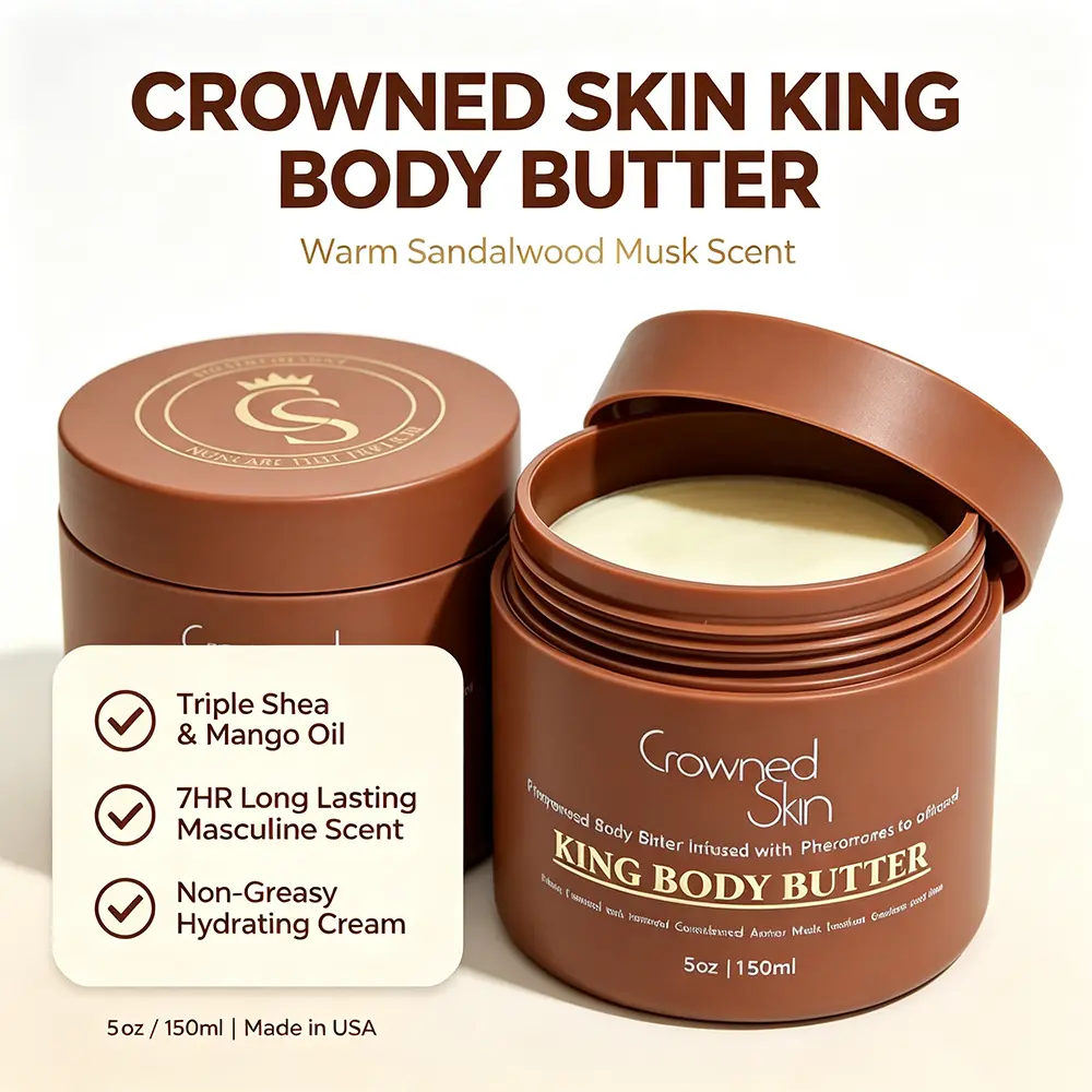 Crowned Skin King Body Butter 5oz/150ml, Warm Sandalwood Amber Musk Masculine Scent, Organic Shea Mango Jojoba Oil Deep Moisturizing Lotion, Non-Greasy 7HR Long Lasting Fragrance Body Cream for Dry Rough Peeling Men’s Skin, Made in USA All Skin Types