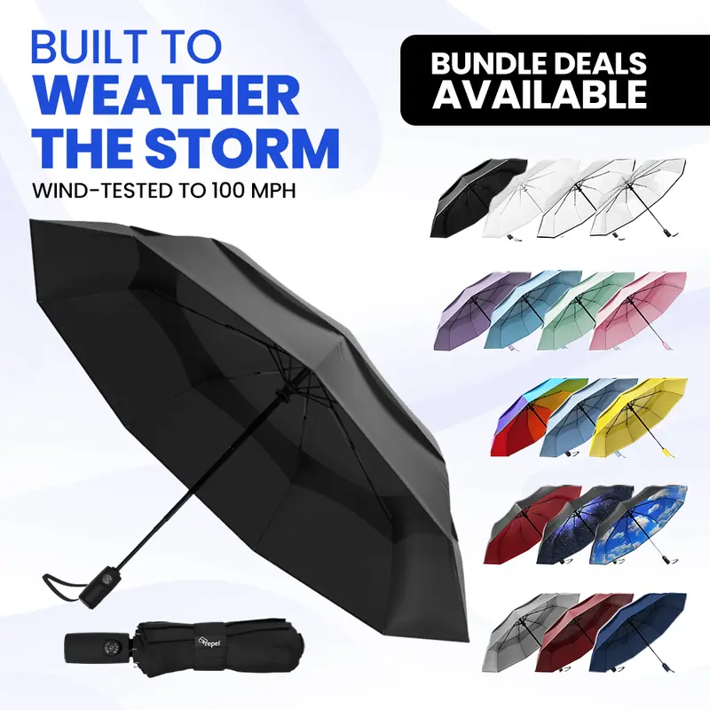 Repel 22-Rib Automatic Folding Solid Umbrella - 100MPH Windproof, Durable Ultra Portable Adult Option, Fits Backpacks & Cars, Rain-Ready Travel Essential for Ultra Portable Umbrellas Needs