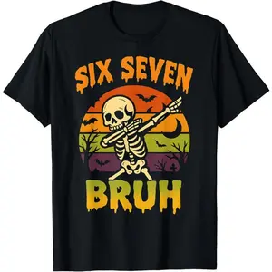 100% Cotton Unisex 67 Halloween Meme 6 7 Skeleton Six Seven Numbers Funny Bruh T-Shirt