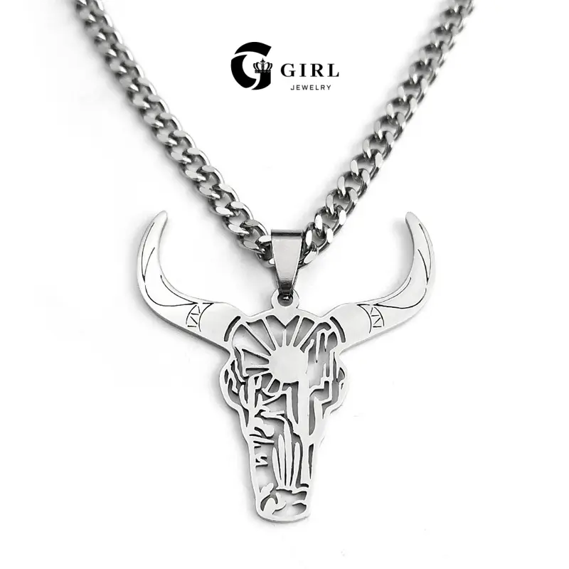 GGIRL Simple Stylish Men's Hollow Cow Head Necklace Pendant Stainless Steel Lucky Gift Jewelry,Daily Verstaile Necklace For Men