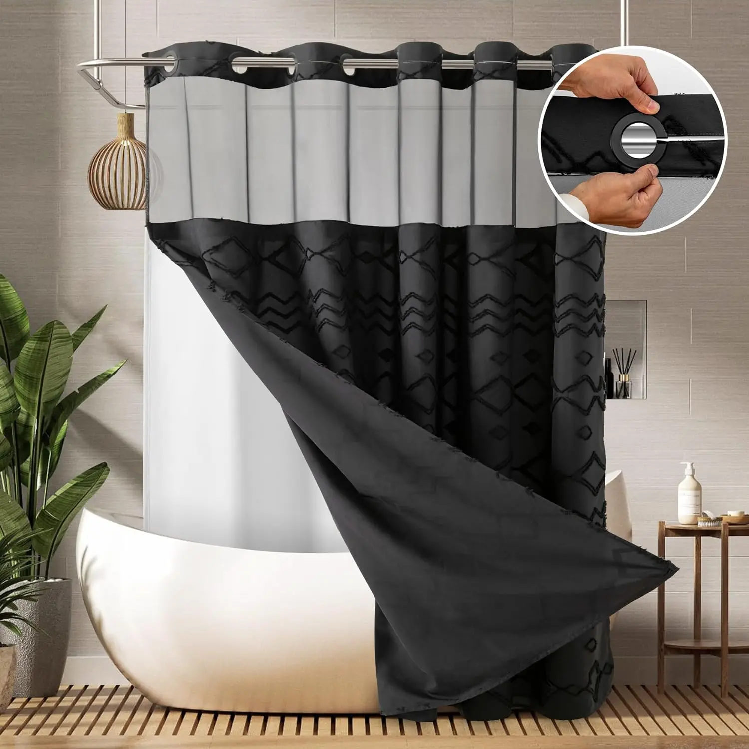 No-Hook Boho Style Shower Curtain Set with Snap-In Liner Textured Chevron Tufted Design Water-Resistant Hotel-Grade Fabric Elevate Bathroom Décor 72''*75''inch