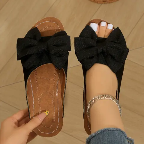 Women's Comfortable Soft Casual Slip-On Sandals with Flexible Wedge Sole, Minimalist Bowknot Design, Flower Sandals, Perfect for Everyday Wear, School, Work and Walking, Daily Wear Sandals
