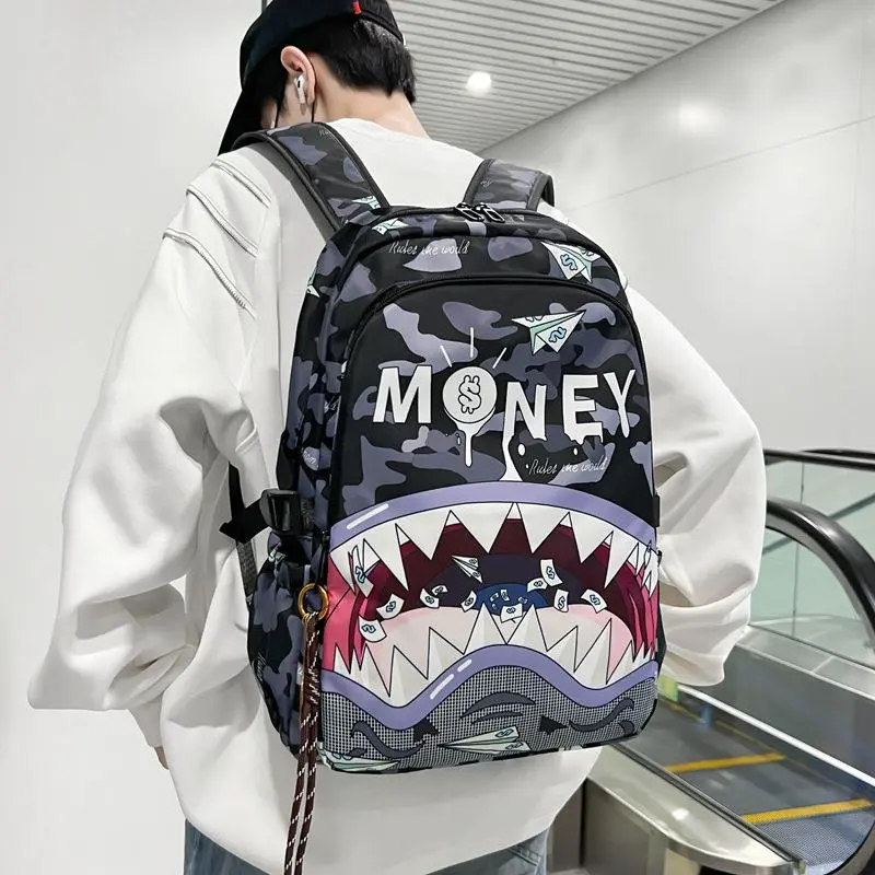 Trendy Graffiti Shark Teeth Print Backpack Hip Hop Camouflage Daypack Casual Class Travel Backpack