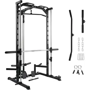 Machine Power Rack with LAT-Pull Down System, Landmine, Barbell Bar, Plate Storage Pegs and More Training Attachment, 1000 LBS Multifunction Squat Rack for Home Gym, Upgraded 2.0