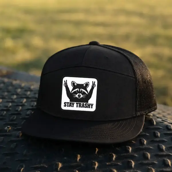 Stay Trashy Raccoon Embroidered Trucker Hat | Funny Raccoon Mesh Snapback Cap | Cute Trash Panda Hat for Men & Women and Adjustable Fit for Men and Women