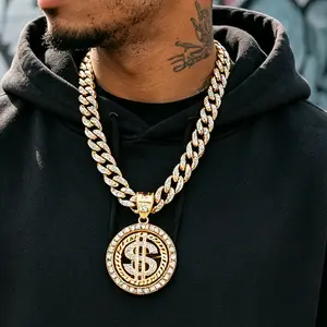 Unisex Iced Out Rotatable Dollar Sign Pendant Cuban Link Chain – Silver & Gold Tone Hip Hop Necklace