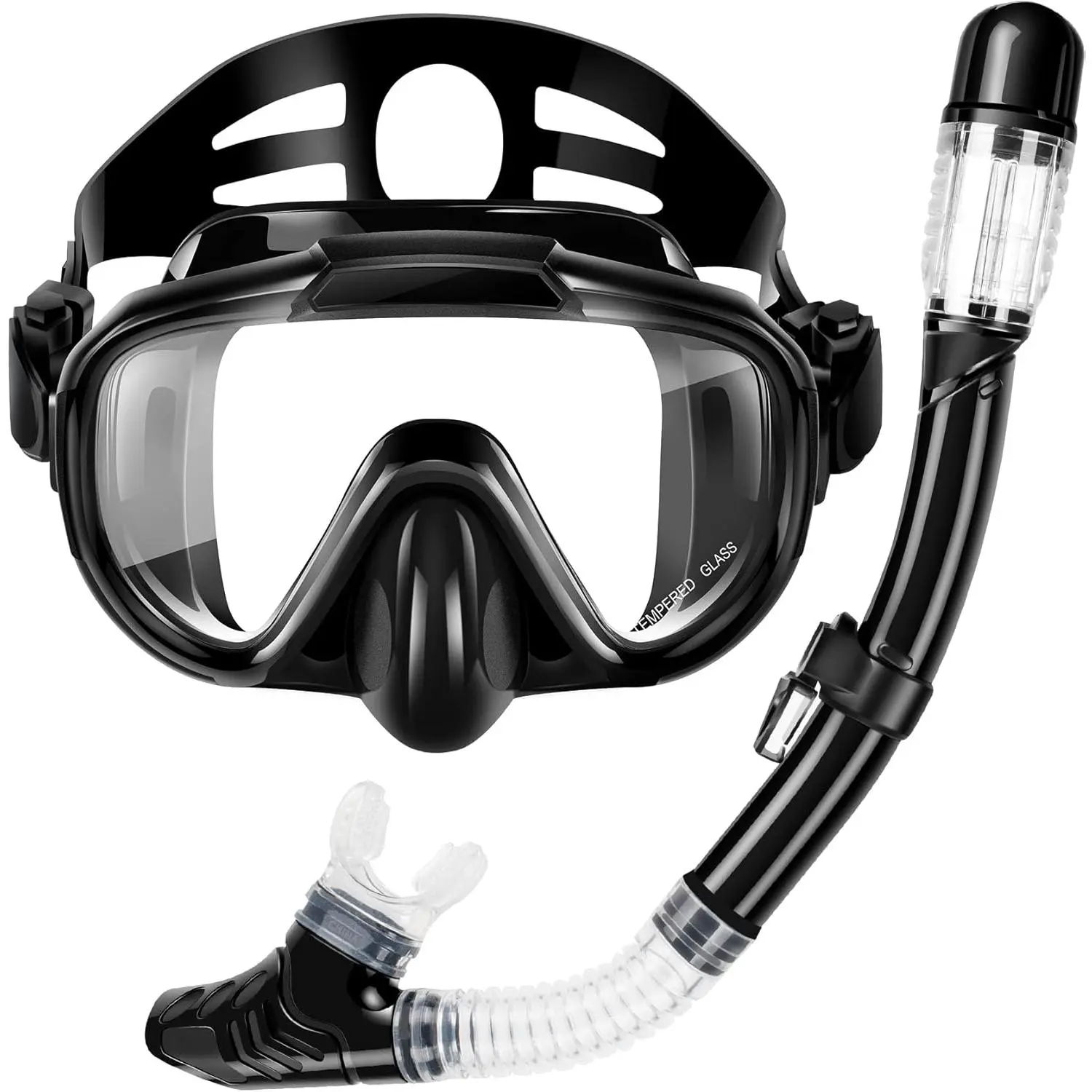Snorkeling Gear for Adults, Dry Top Snorkel Set with Panoramic Anti-Leak and Anti-Fog Tempered Glass Lens, Adjustable Snorkeling Set for Scuba Diving Swimming Training Snorkel Kit