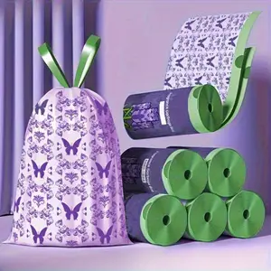 100pcs Tear-Resistant Drawstring Trash Bags - Thick Large Kitchen Trash Bags with Purple Butterfly and Floral Patterns, Durable Polyethylene Disposable Bags for Home, Outdoor, Yard, Toilet Use, Home, Outdoor Trash Storage, Decorative Trash Bags, Durable P