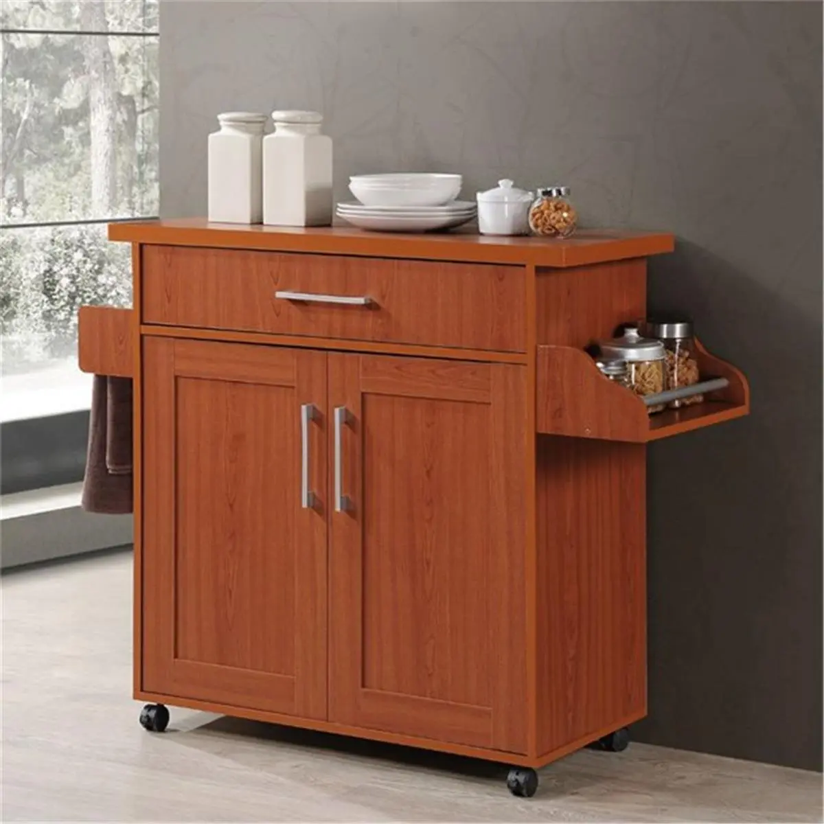 212 MAIN Mobile Kitchen Island with Spice Rack, Towel Rack, Wheels, and Mobile Base - Cherry Finish (Model HIK78)