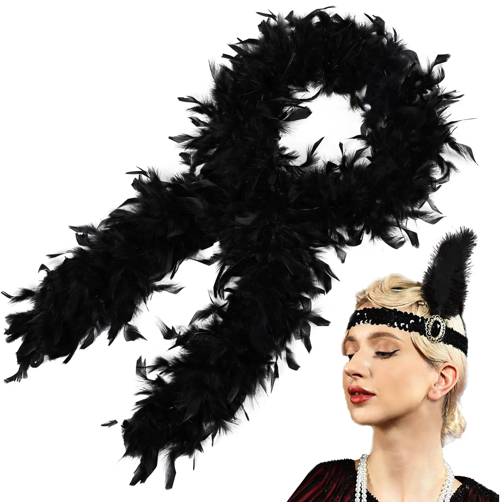 MehelloFeather Turkey Feather Boa 2 Yards 45g with 1920s Headband for DIY Craft Wedding Party Halloween Costume Decoration (Black)