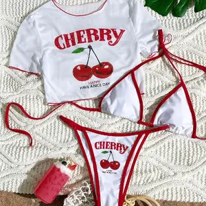 Cherry Mod 3pcs Women's Summer Surfing Clothing Set: Spaghetti Strap Bikini with See-Through Mesh Cover Up & Knitted Top for Beach Vacation