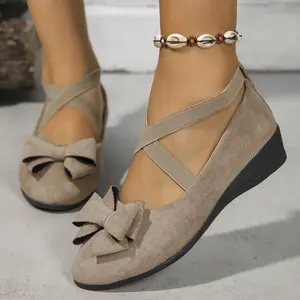 Women's Fashion Suede Slip On Wedge Shoes with Decorative Bow Elastic Strap Soft Comfortable Casual Footwear Ideal for Spring Fall Chic Outings and Everyday Wear