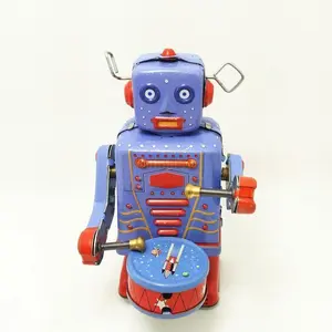 Retro Wind-Up Tin Robot with Gong Drum Classic Mechanical Clockwork Toy for Kids' Christmas Gift Collection and Fun Playtime