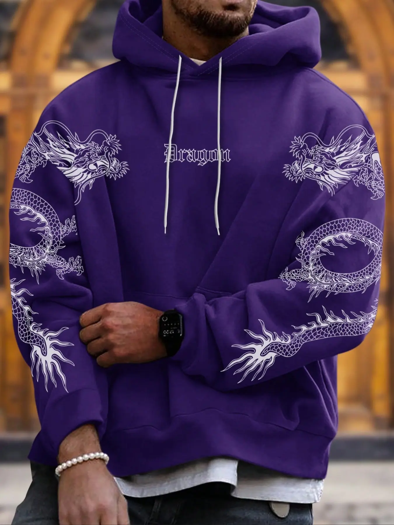 Men's Preppy Style Dragon Print Knit Hoodie Outfit Sets, Oversized Loose-Fit Long Sleeve Sweatshirt & Jogger Pants, Fall Winter Casual Clothes Menswear