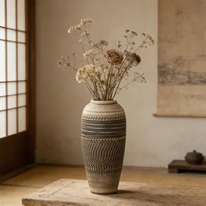 Wabi Sabi Ceramic Vase, Retro Carved Pottery Flower Vase, Rustic Decorative Vase for Living Room, Farmhouse Aesthetic Pot for Dried Flowers, Pampas Grass & Branches