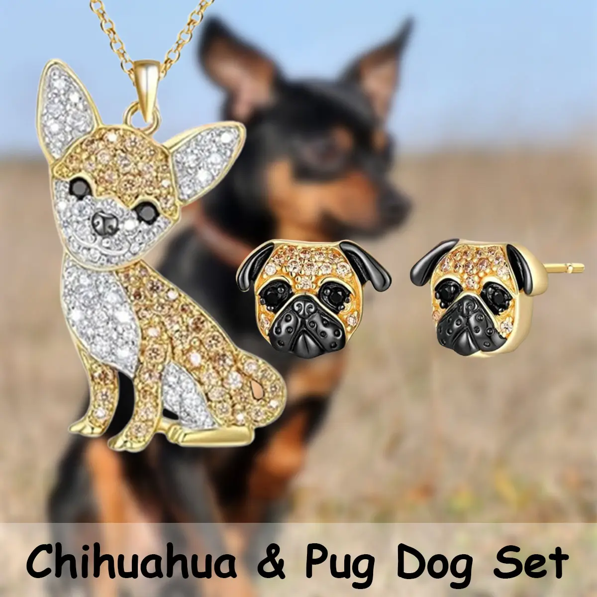 Women's 3-Piece Golden Pug Alloy Pendant Necklace & Cute Puppy Earrings Jewelry Set - Sparkling Animal-Themed Daily Gift for Birthdays, Christmas, Stud, Unisex, Casual, Animals