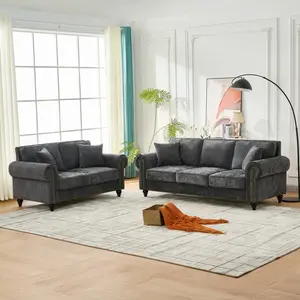 Modern 3+2 Seater Sofa with Rolled Arms,Chenille Upholstered Couch with Wood Legs and Nailhead Trim for Living Room, Apartment,Gray