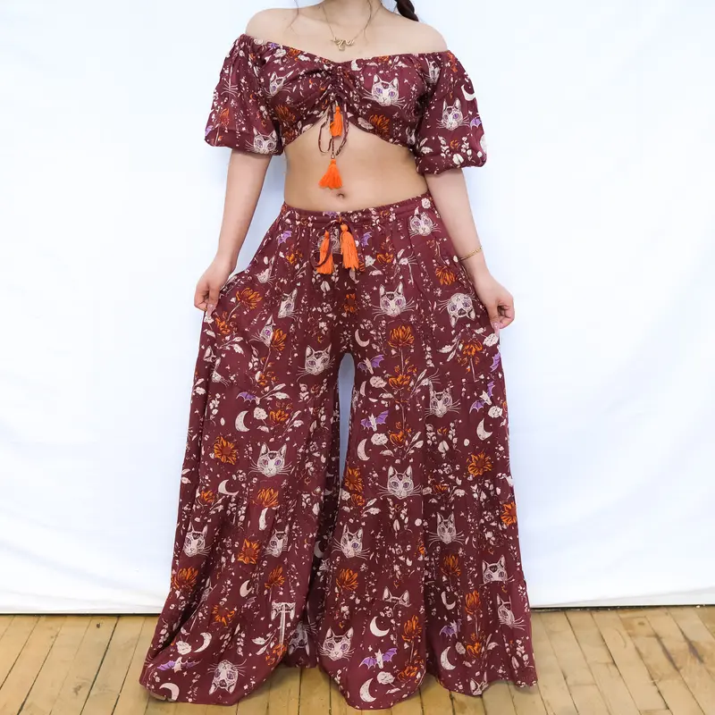 Women's 2-Piece Bohemian Clothing Set - Drawstring Elastic Floral Print Cat & Moon Wide-Leg Tiered Pants with Pockets, Long-Sleeve Off-Shoulder Top with Plant Accents, Earthy Boho Fashion Fit