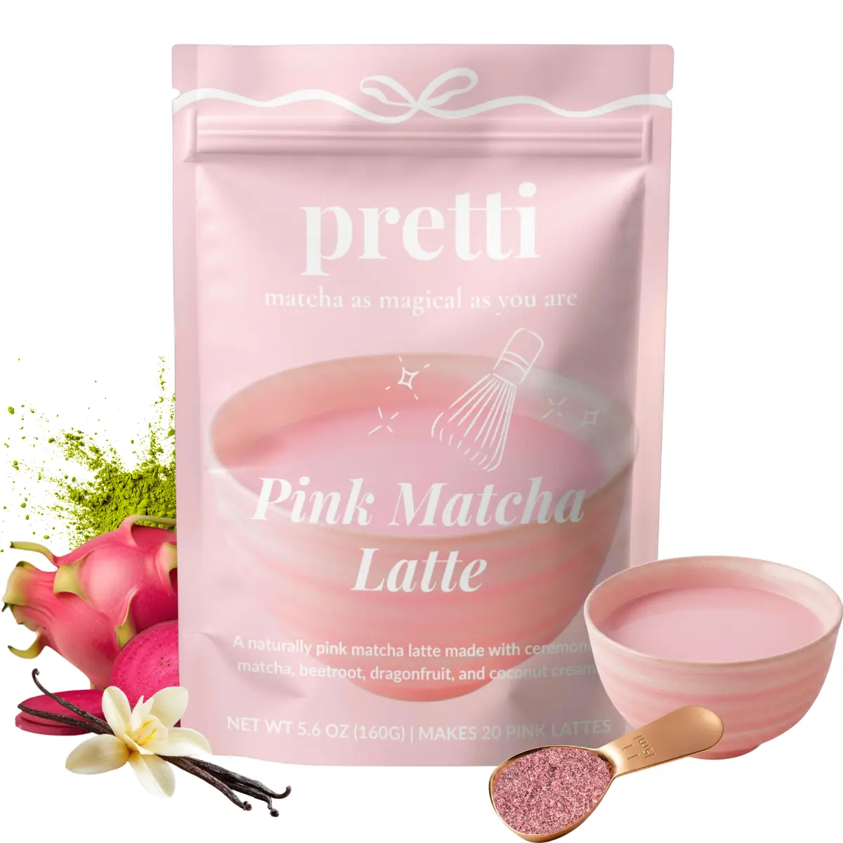 PINK MATCHA LATTE - Creamy Vanilla Instant Latte with Ceremonial Matcha, Beetroot, Dragonfruit, Monk Fruit, 0 Artificial Dyes, 50mg Caffeine, 20 Servings, Dairy-Free Low-Calorie Beverage