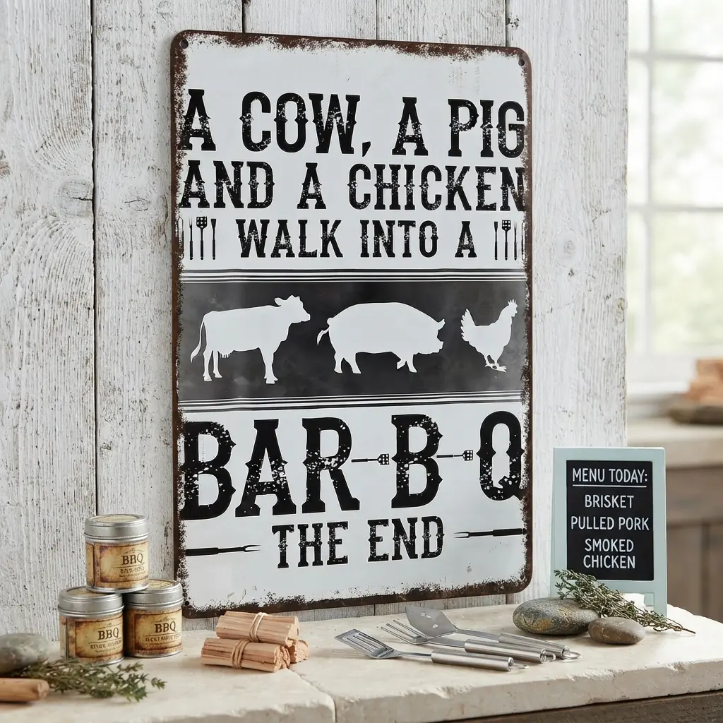 Funny Metal Signs Funny Metal Sign A Cow A Pig and A Chicken Walk Into A Bar B Q The End Cafe Farmhouse Ranch Farm Animal Metal Sign Vintage Decor Rustic Tin Signs Wall Art Metal Poster
