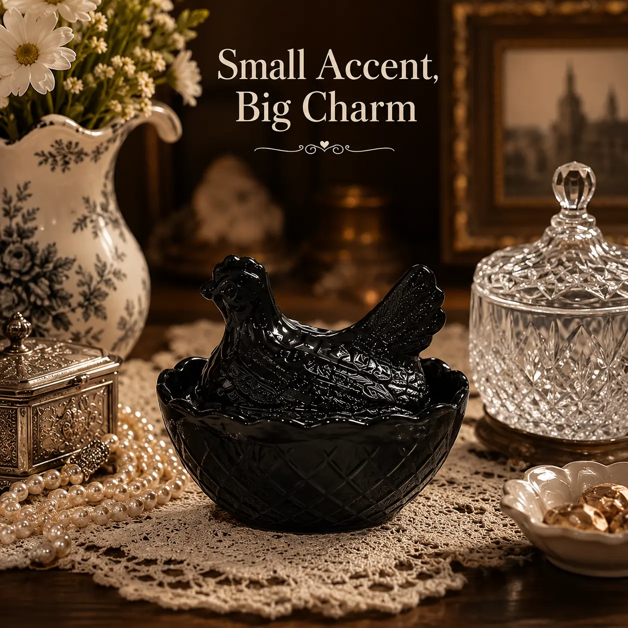Glossy Black Glass Hen-on-Nest Trinket Box with Lid, Small Chicken-Shaped Jewelry and Keepsake Storage for Gothic Farmhouse Shelf Decor jar
