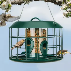 Kingsyard Squirrel Proof Tube Feeder with 4 Feeding Ports & Rain Cover Mesh Cage for Finches Durable Chew-Proof Design Perfect Christmas Gift for Garden Birds
