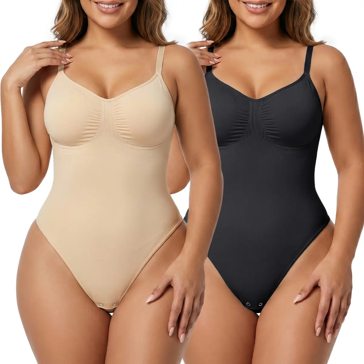 SHAPERX 2PCS Seamless Thong Bodysuit Tummy Control Shapewear with Snap Crotch for Daily Wear