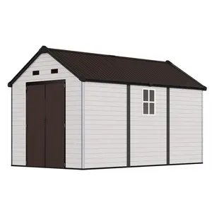 [Memorialday][Ships in 4 Boxes] AMERLIFE Resin Storage Shed with Floor, Lockable Outdoor Storage Shed with Windows, Vents, All-Weather Use Plastic Structure for Garden, Backyard, Patio, Lawn – White & Brown