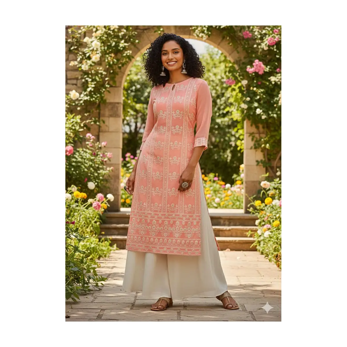 KUPL-1 Peach Embroidered Kurti Set with Ivory skirt Chikankari-Inspired Festive Ethnic Wear for Women 3/4 Sleeve Straight Kurta Size Medium