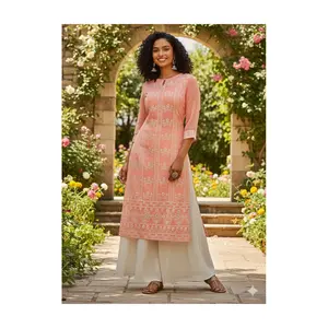 KUPL-1 Peach Embroidered Kurti Set with Ivory skirt Chikankari-Inspired Festive Ethnic Wear for Women 3/4 Sleeve Straight Kurta Size Medium