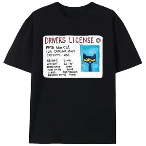Cat Driver's License Meme Men's Printed T‑Shirt |   Unisex Fun Cartoon Fan Casual T‑Shirt |   Summer Gift for Cat Lovers